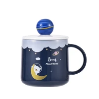 350ml creative cute space solar system coffee mug with spoon and lids cartoon milk tea juice ceramic cup best gift for friend