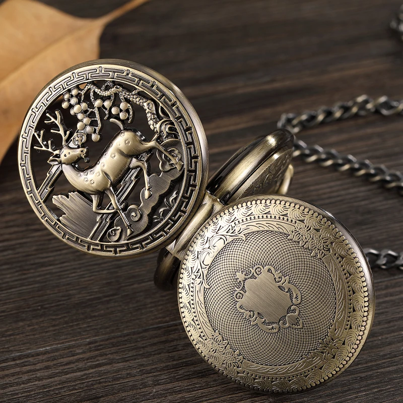 Deer Pattern Mechanical Pocket Watch Skeleton Vintage Antique Bronze Hollow Animal Engraved Male Fob Chain Clock for Men Women