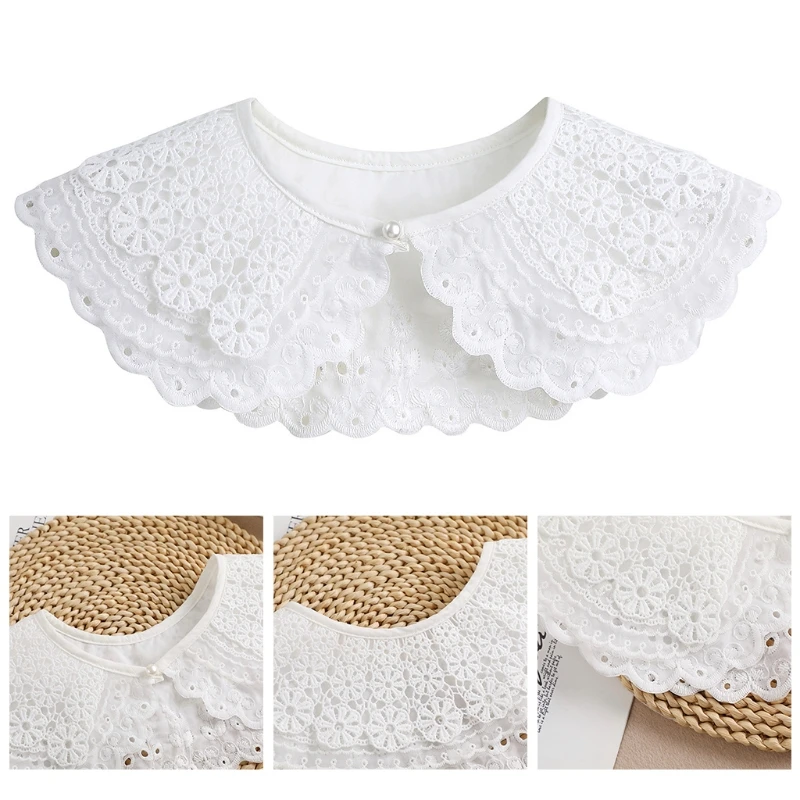 

Q1FA Women Lovely Lace Fake Collar Flower Pattern False Collar Three Layered Breathable Summer White Collar Necklace Shawl