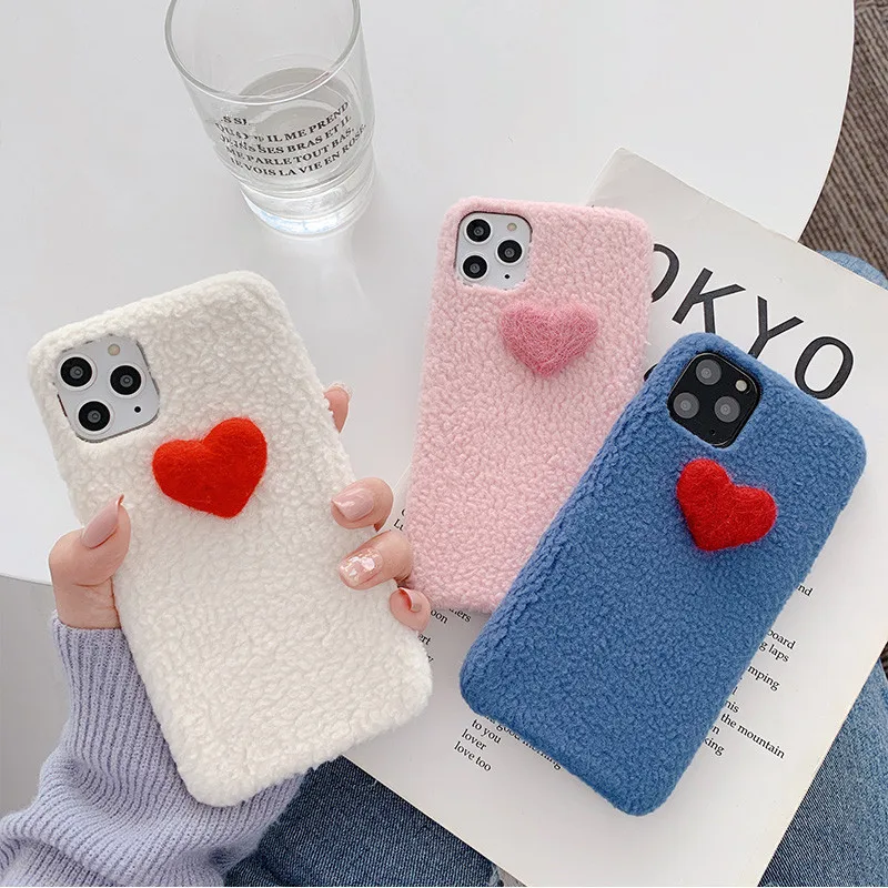 Kawaii теплый плюшевый чехол для телефона с сердечком Iphone 11 Pro Max X Xr Xs 6 7 8 Plus Пушистый