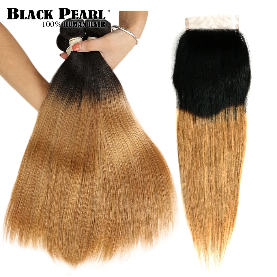 Черные жемчужные прямые пучки человеческих волос Ombre с закрытием человеческие