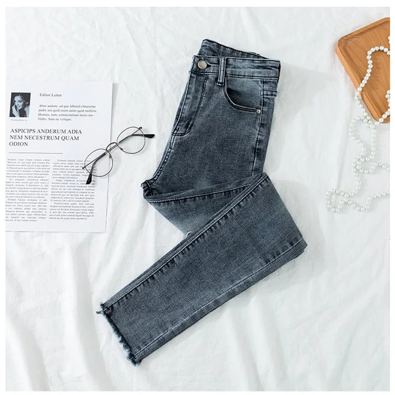 JUJULAND High Waist Ripped Skinny Pencil Jeans Woman Plus Size Gray Stretch jeans Ladies women pants Denim 8204 | Женская одежда