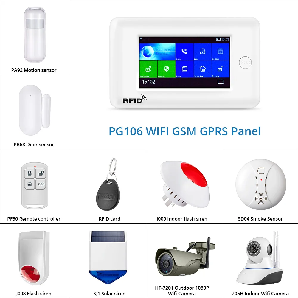 PG106 3G2G GSM WiFi домашняя сигнализация DIY комплект Солнечная Сирена ip-камера поддержка приложение управление RFID карта наружная камера датчик дыма