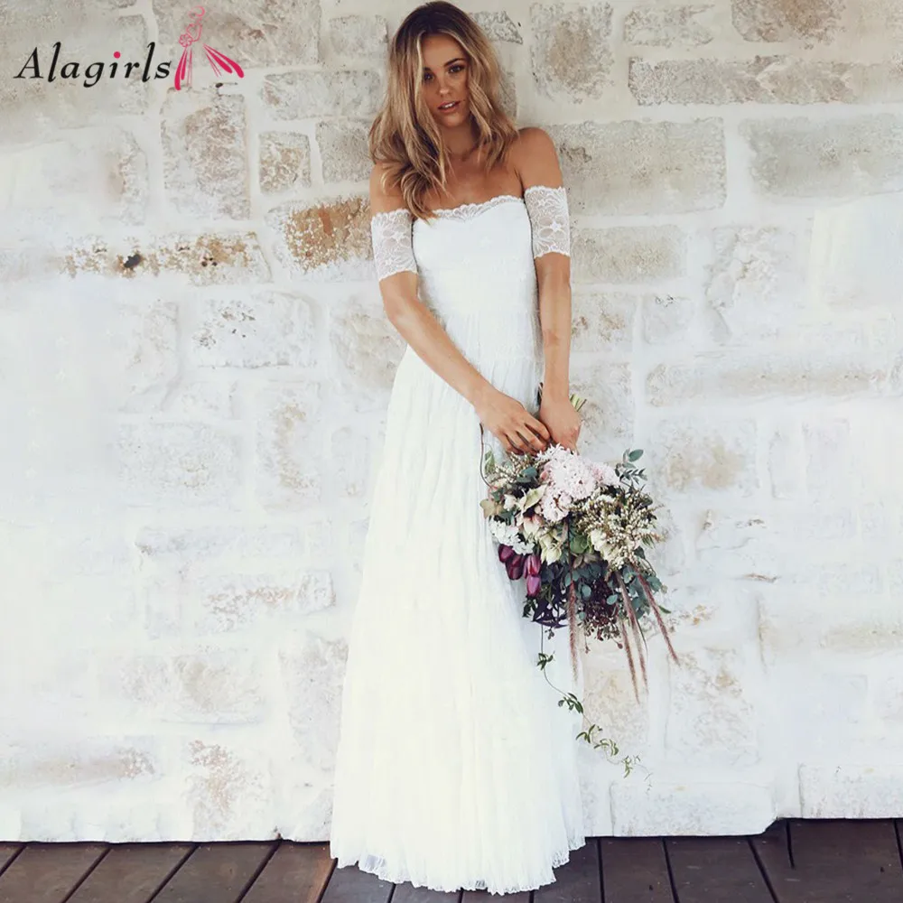 

Свадебное платье с открытыми плечами без бретелек, кружевное пляжное свадебное платье, белое свадебное платье с открытой спиной для невест...