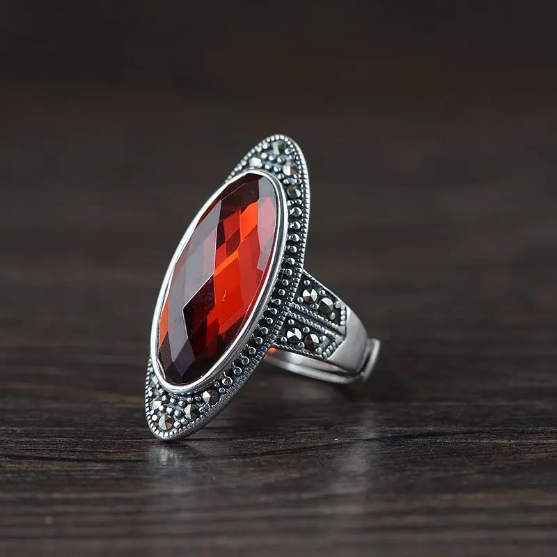 

FNJ MARCASITE Ring 925 Silver Adjustable Original S925 Solid Silver Rings for Women Jewelry Red Zircon Stone Black Green Agate