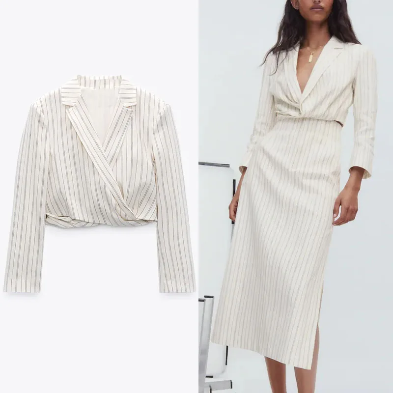 

Женский укороченный блейзер в полоску Za, офисный белый пиджак с длинным рукавом и узлом на подоле, верхняя одежда с боковой молнией, лето 2021