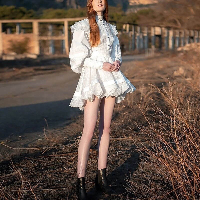 

VGH Sweet Patchwork Lace Suit For Women Stand Collar Puff Sleeve Shirt Embroidery Grown Ball Skirt Casual Set Female Fashion