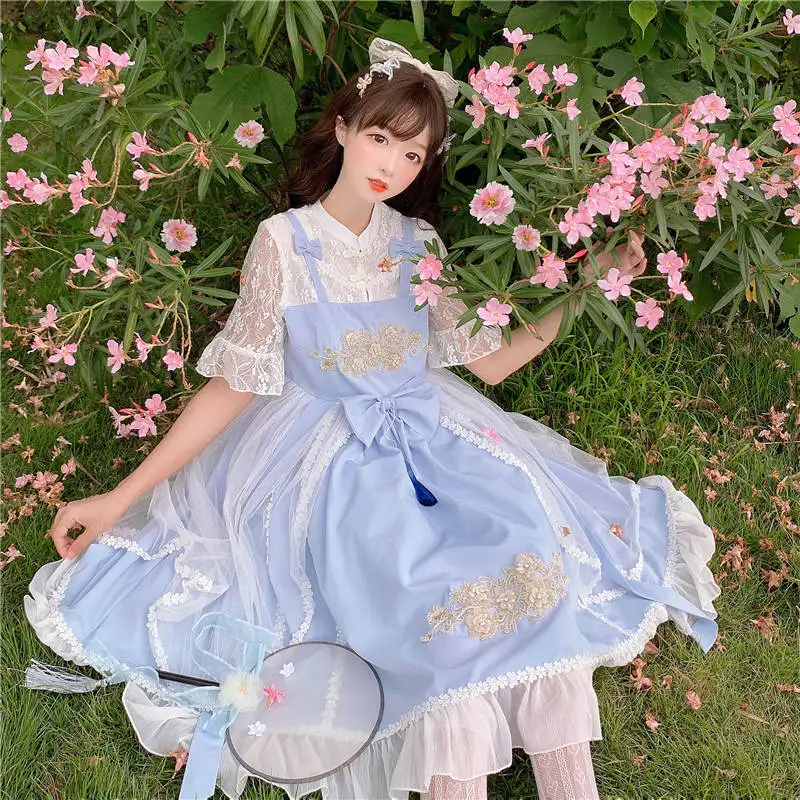 

Chinese Style Sweet Women's Patchwork Dress Fake-two-piece Dress Embroidery Trim One Piece Color Blue Summer Lolita