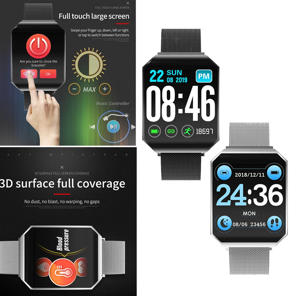 

Smart Watch Blood Pressure Heart Rate Monitor Fitness Band w/ 3D Curved Surface