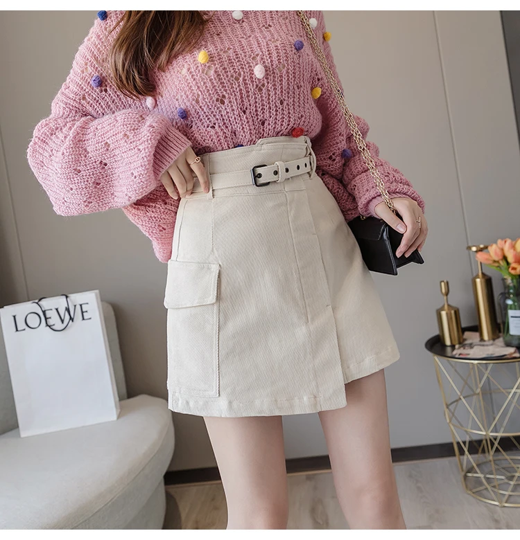 Trytree Autumn Women Casual Empire Short Skirt 5 Colour A-line Fashion Elegant Pockets Button Belt Mini Office Lady Short Skirt