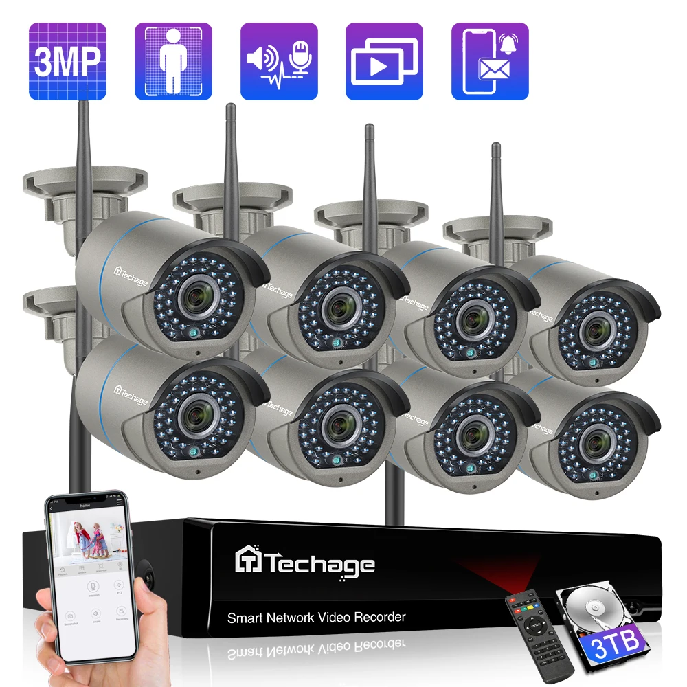 

Techage 8CH 3MP Wireless Camera System Two-Way Audio Wifi IP Camera Motion Detection IP66 Metal Case Surveillacnce Security Kit