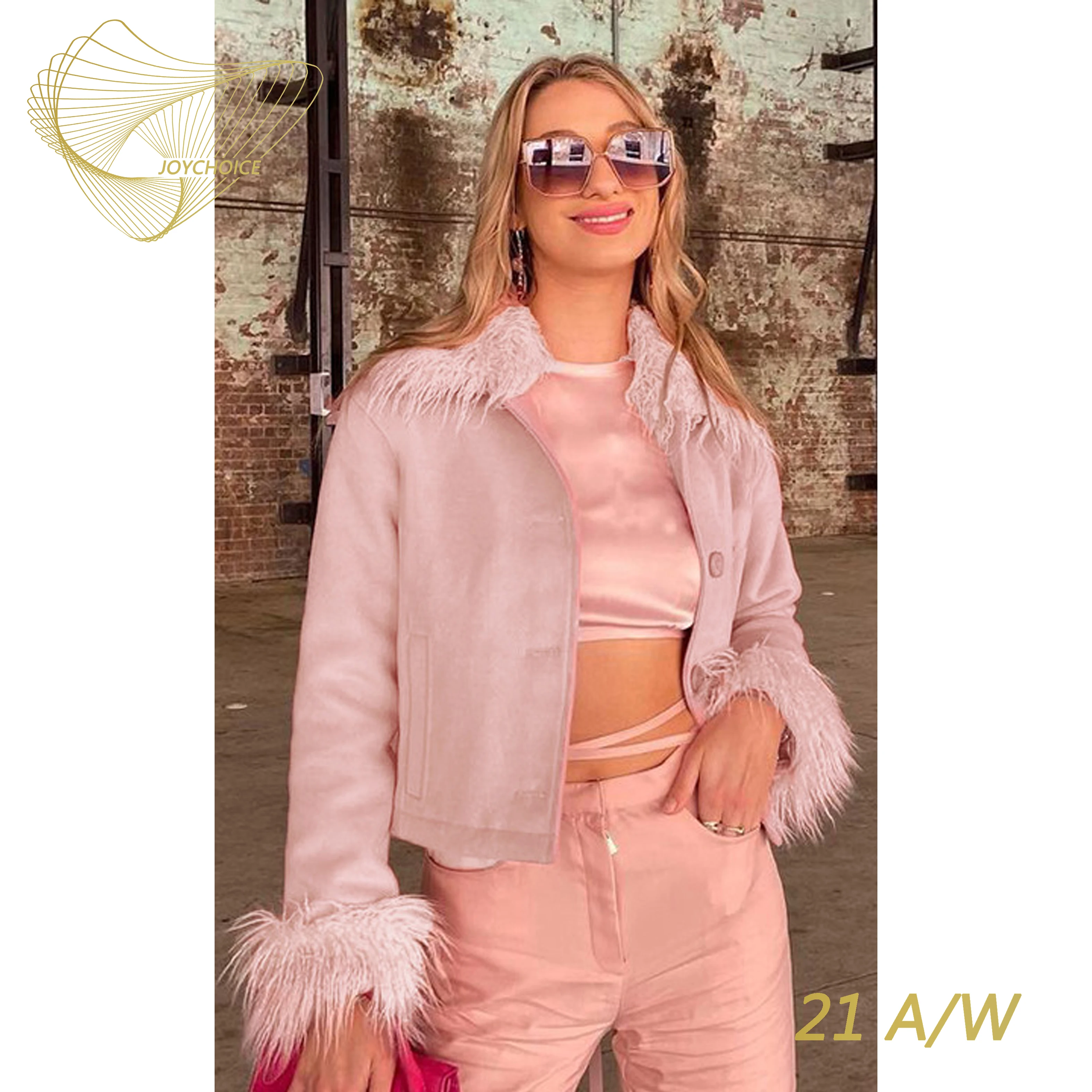 

Розовое шерстяное пальто JOYCHOICE 21A/W с высокой талией и меховым воротником