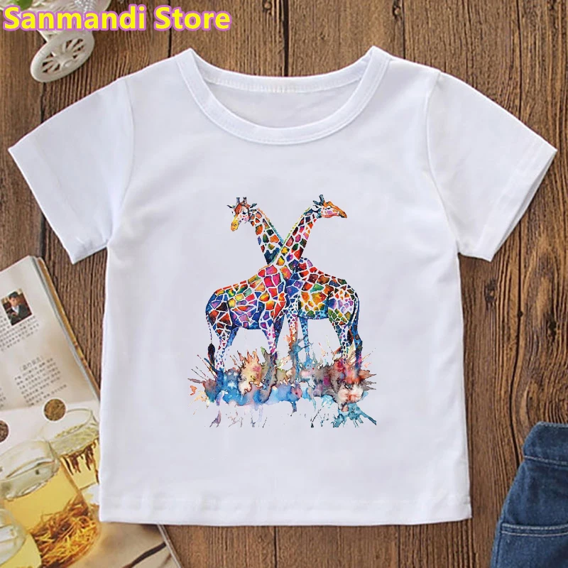 

New Arrival 2021 Funny Kids Clothes Watercolor Giraffe Wearing Sunglasses Animal Print T Shirt Girls/Boys Children Clothing