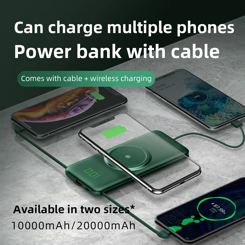 Беспроводное зарядное устройство Qi 10000/20000 мА/ч с USB Type-C Micro Lighting кабелями внешняя