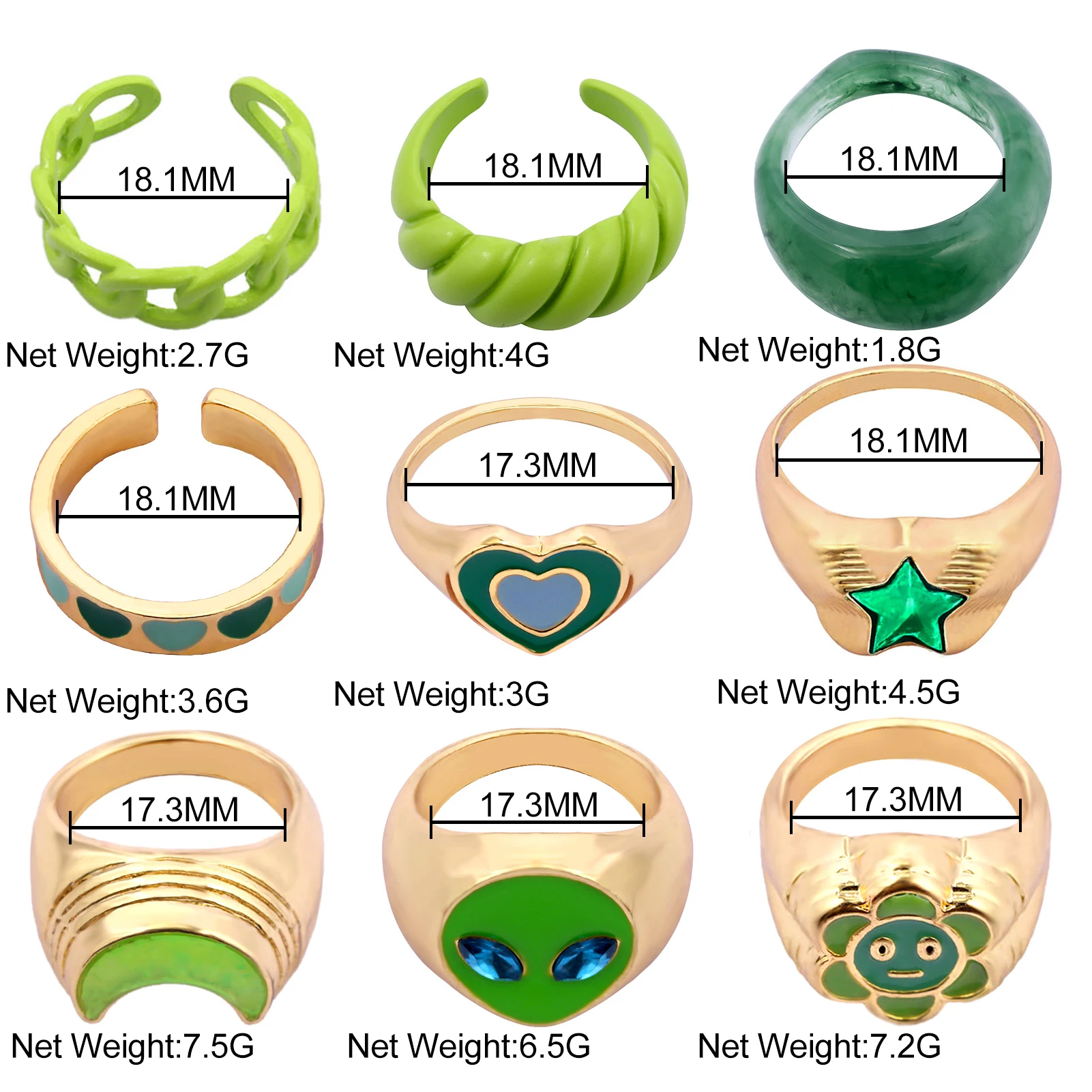 

Personality Girl Green Enamel Smiley Rings Summer Fashion Love Flower Star Moon Metal Chunky Ring 2021 New Jewelry Party Gift