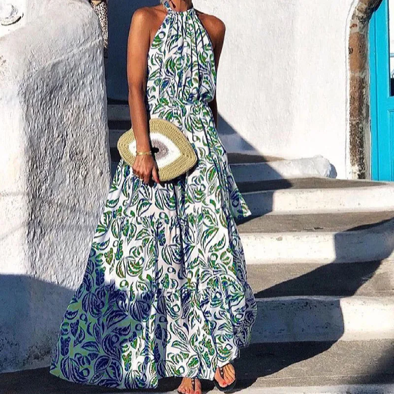 

Ladies Sexy Loose Casual Beach Dress Summer Women Vintage Print Long Dress Vestido Elegant Halter Sleeveless Fashion Party Dress