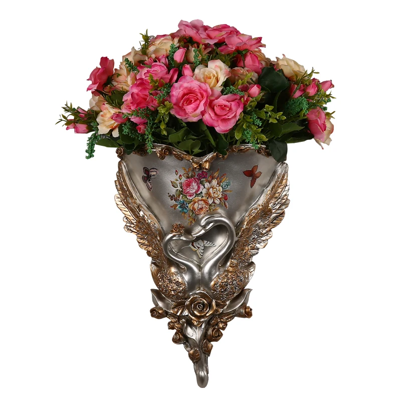 

European Luxury Diamond Resin Wall Vase+Artificial Flower Set Figurines Home Wall Mural Livingroom Furnishing Decoration Crafts