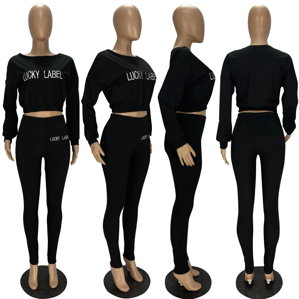 

New Autumn Two Piece Set Activewear Embroidery Ribbed Women's Set Sweater Tops Legging Pant Set Tracksuit Fitness Outfits 2020