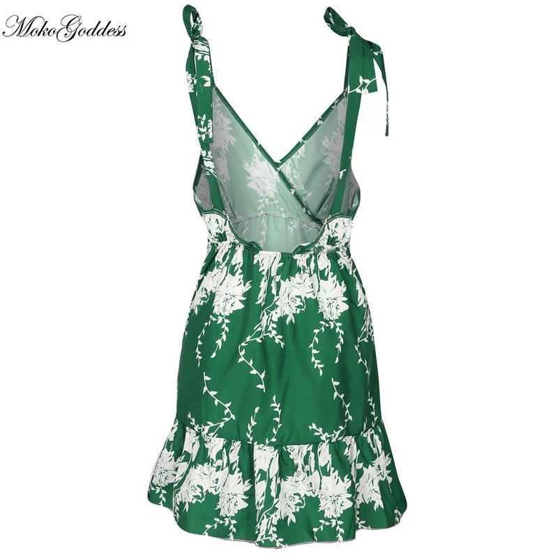 

Moko Summer Women Dress 2020 New Casual A Line Floral Print Sleeveless Lace Up Dress Ladies V Neck Backless Green Mini Dresses