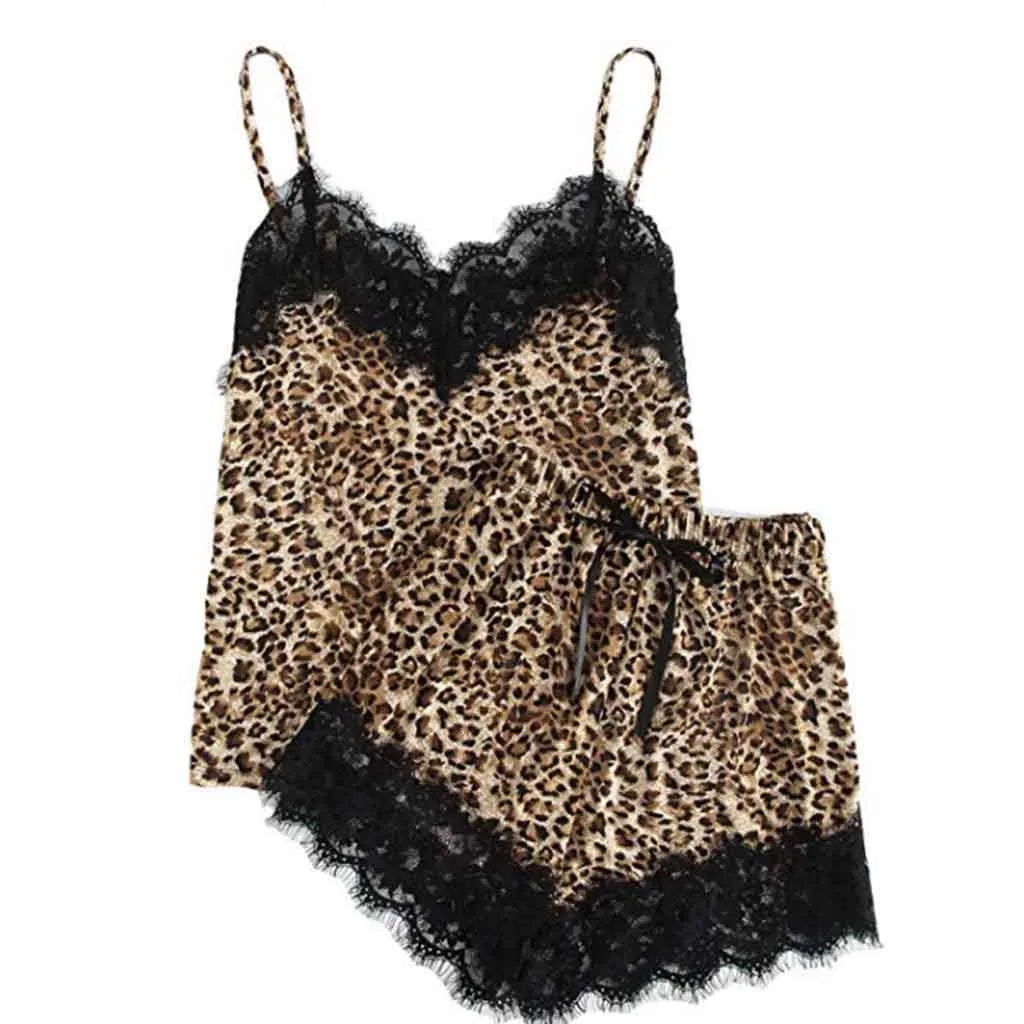 summer women pijamas set lenceria sexy V-Neck Leopard Print Sexy Lace Underwear Shorts Pajama Set с
