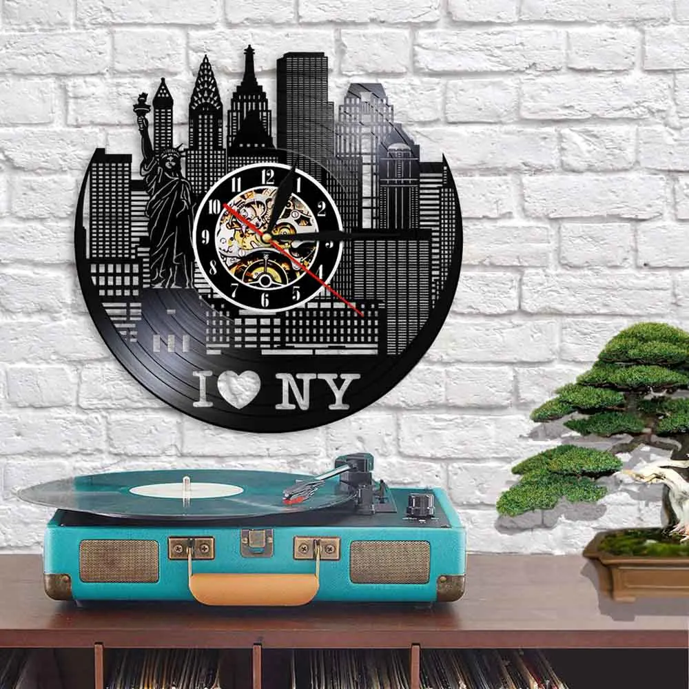 I Love NY Cityscape настенные часы современный дизайн Нью-Йорк Skyline виниловые Творческий