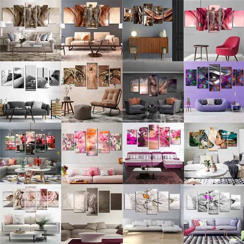 

Abstract Canvas Painting Modern Home Decoration 5 Panel Flamingo Cupid Stone Statue Flower Wall Art Modular Pictures Poster