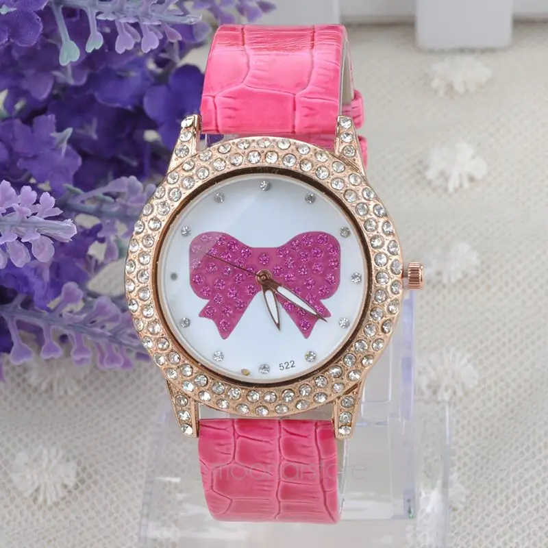 

Bowknot Pattern, PU Leather Band Watches, Rhinestones Quartz Wristwatch for Girl