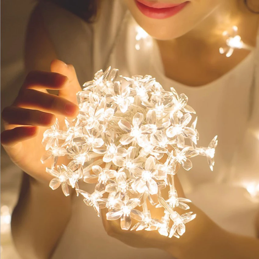USB/Battery Operated LED String Fairy Lights Cherry Blossom Flower Garland Lamp Crystal Flowers Indoor Wedding Christmas Decors