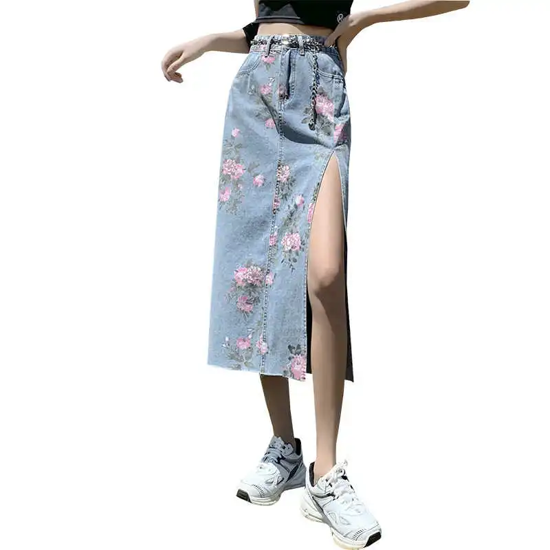 

Jeans Skirt Women Denim Long Maxi High Waist Floral Print Slit With Pocket 2021 Summer Korean Fashion Ladies Casual Clothes