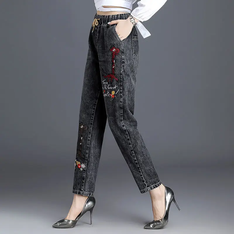 

2021Spring Autumn New Loose Old Cowboy Pants Elastic Waist Jeans Women High Waist Slimming Wild Harlan Denim Pants Female L685