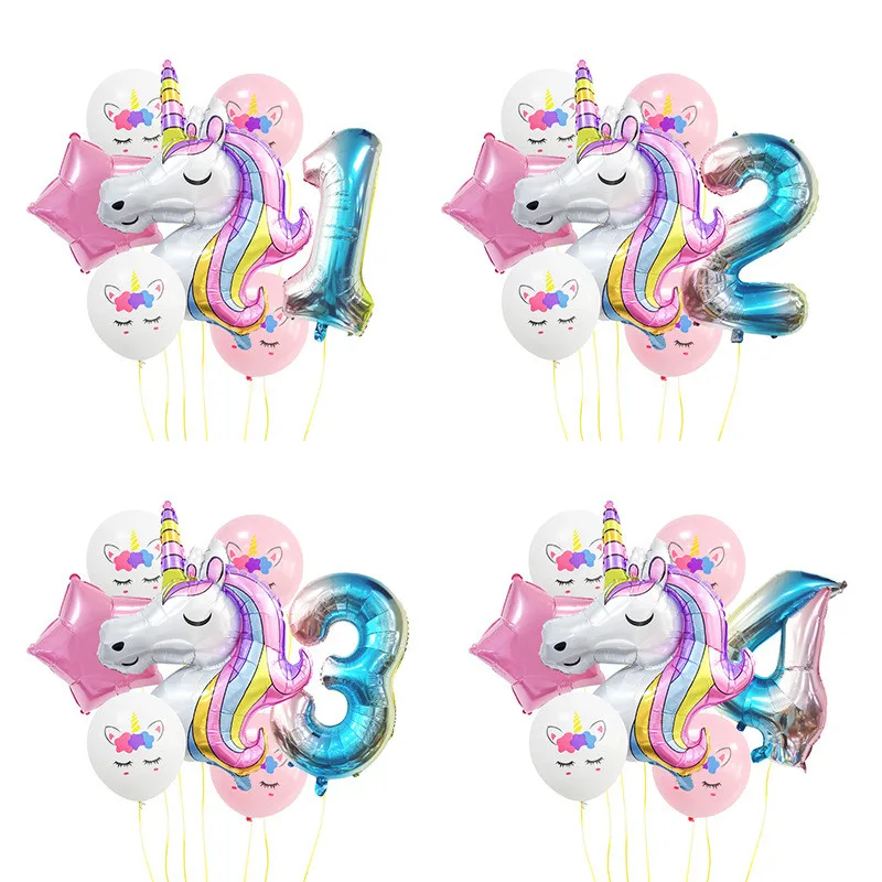 7Pcs Радуга праздничные шарики с единорогом на день рождения изображением