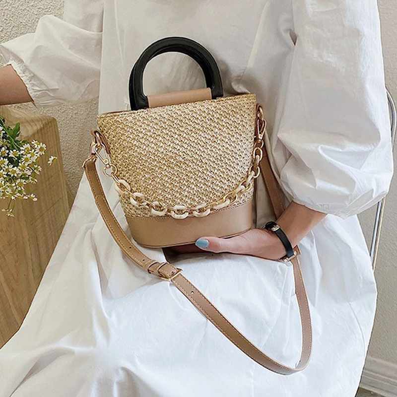

Female Tote Bucket Bag Summer High-Quality Straw Women's Handbag Woven Shoulder Messenger Bag