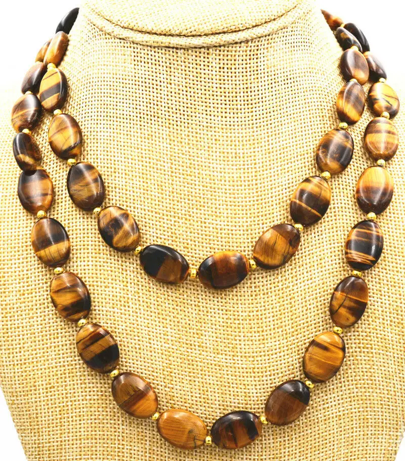 

LONG 35 INCHES GENUINE NATURAL TIGER EYE GEMS STONE OVAL BEADS NECKLACE