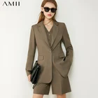 Женский костюм с шортами Amii, однотонный блейзер с лацканами и высокой талией, свободный, осенний, 12070585