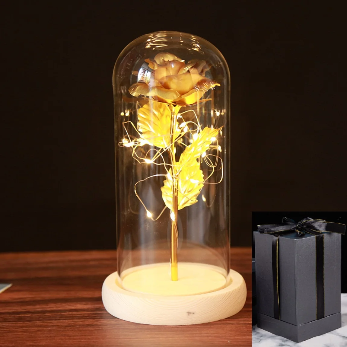 

Beauty Beast Gold Foil Galaxy Rose Flower LED Light Artificial Flowers In Glass Dome Mother Day Valentine Gift Girl Xmas Present