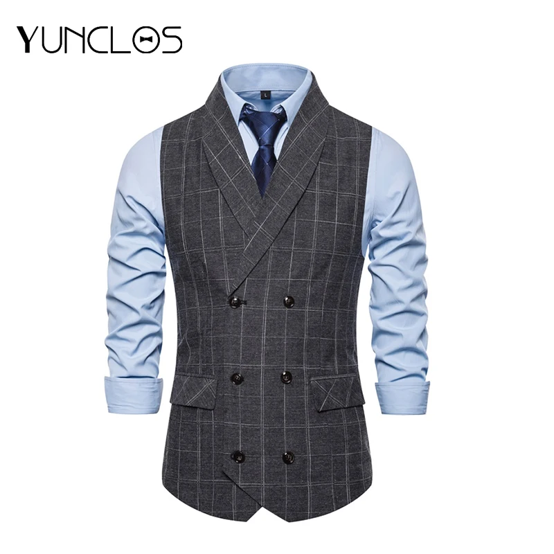 YUNCLOS темно серый вечерние для свадьбы мужской костюм жилет шаль воротник в клетку