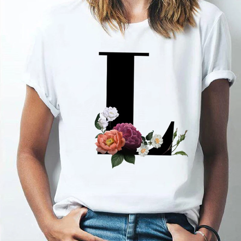 

26 Alphabet letter Women T-shirt Girl A To Z Alphabet Combination Flowers Short Sleeve Casual T-shirt Korean Style Tee Drop Ship