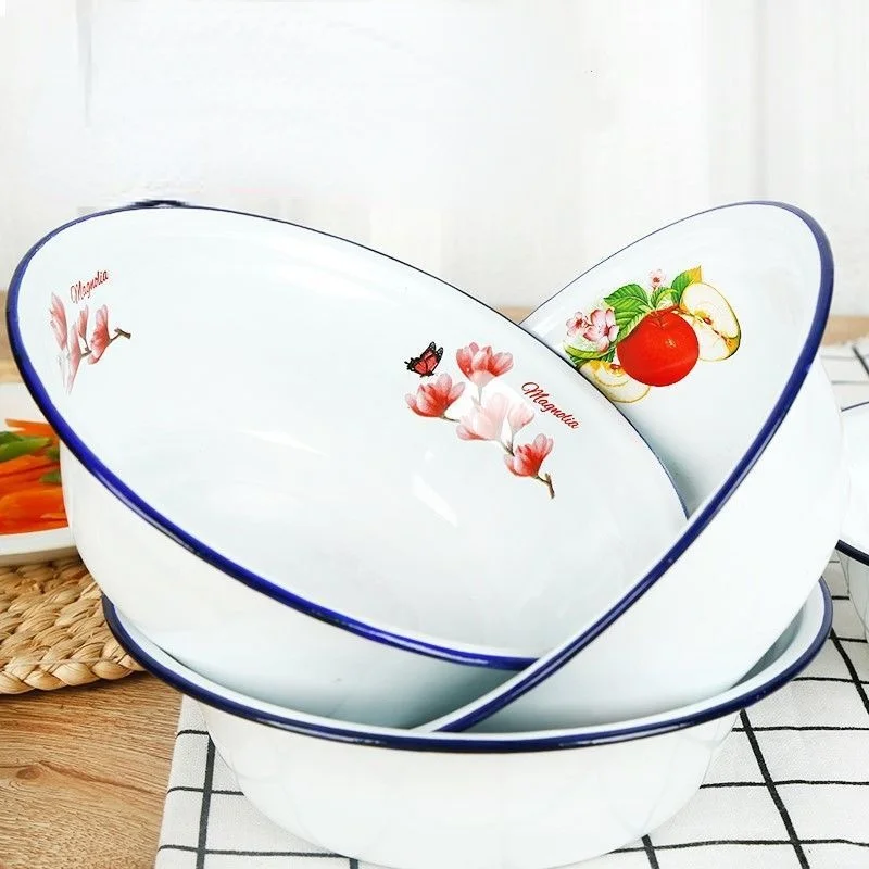 

Enamel Plate Thickened Double Bowl Old Nostalgic Household Soup Basin Rice Bowl Deep Basin Thickened Noodles Rice Bowl