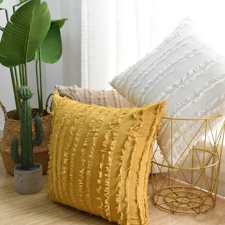 Square Solid Color Cotton and Linen Cushion Cover 45x45cm Turmeric Khaki Moroccan Style Cut Flowers Tassel Sofa Pillow Cushion