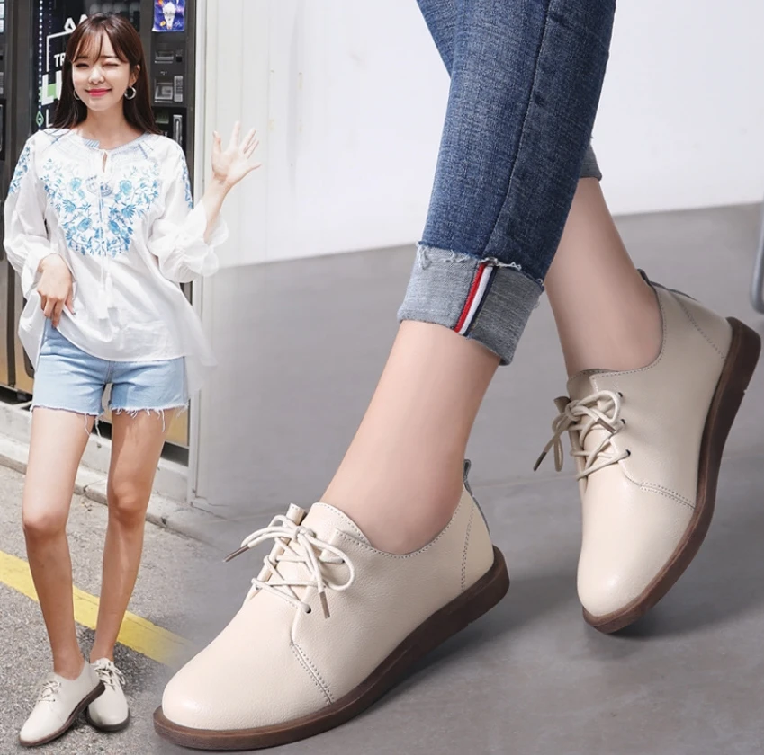 

Women's Shoes 2022 Spring Autumn New White Shoes Original Retro Cowhide Single Shoes Soft Sole Lace-up Women Casual Shoes