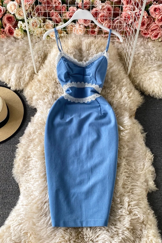 

2021 New Summer Korean High Waist Blue Suspender Lace Bodycon Dress Slim Fashion Women Girl Clothes Maxi Vintage Short Dresses