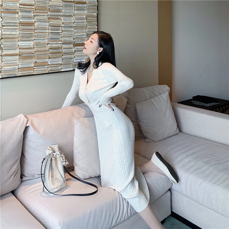 Вязаное платье-свитер, женское эластичное платье с длинным рукавом, черное, белое, миди, облегающее, вязаное, зимнее, длинное платье,, женское, TJ80