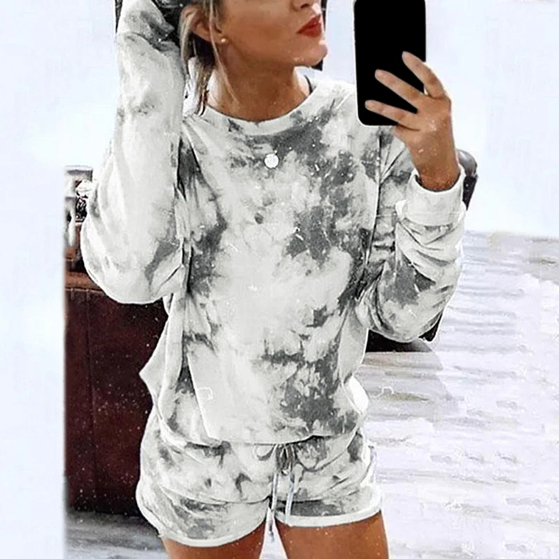 

Top Mujer Lounge Wear Shirts Long Sleeve Two Piece Set Shorts Women Ensemble Femme Tie Dye Pijama Camisetas Summer 2022