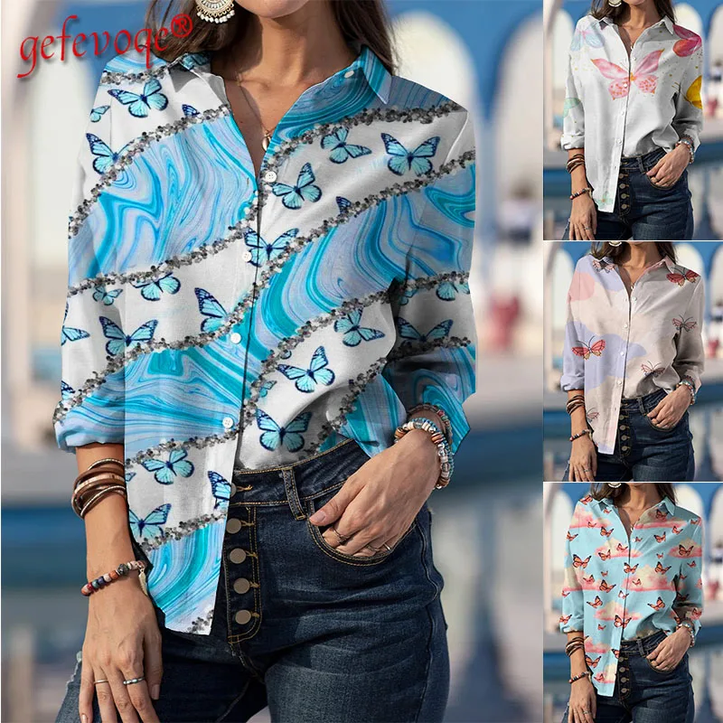 

Elegant Office Lady Button All-match Casual Chiffon Blouses Autumn Fashion Women's Clothing Butterfly Print Long Sleeve Shirts
