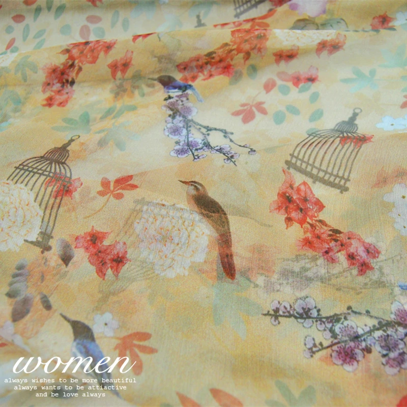 

Silk Georgette Chiffon Fabric Dress Large and Wide Beige Bird Lightweight Dress Shirt DIY Patchwork Tissue