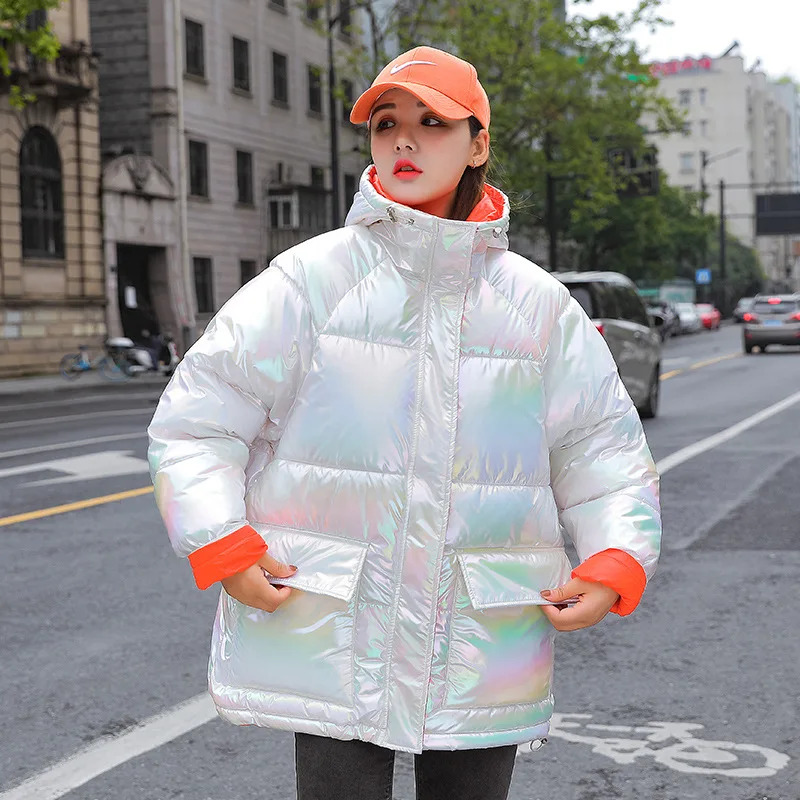 Shiny Color Down Jacket 2023 Autumn and Winter Parkas Korean Style Loose Mid-length Disposable Bread Jacket Cotton Coats Parkas
