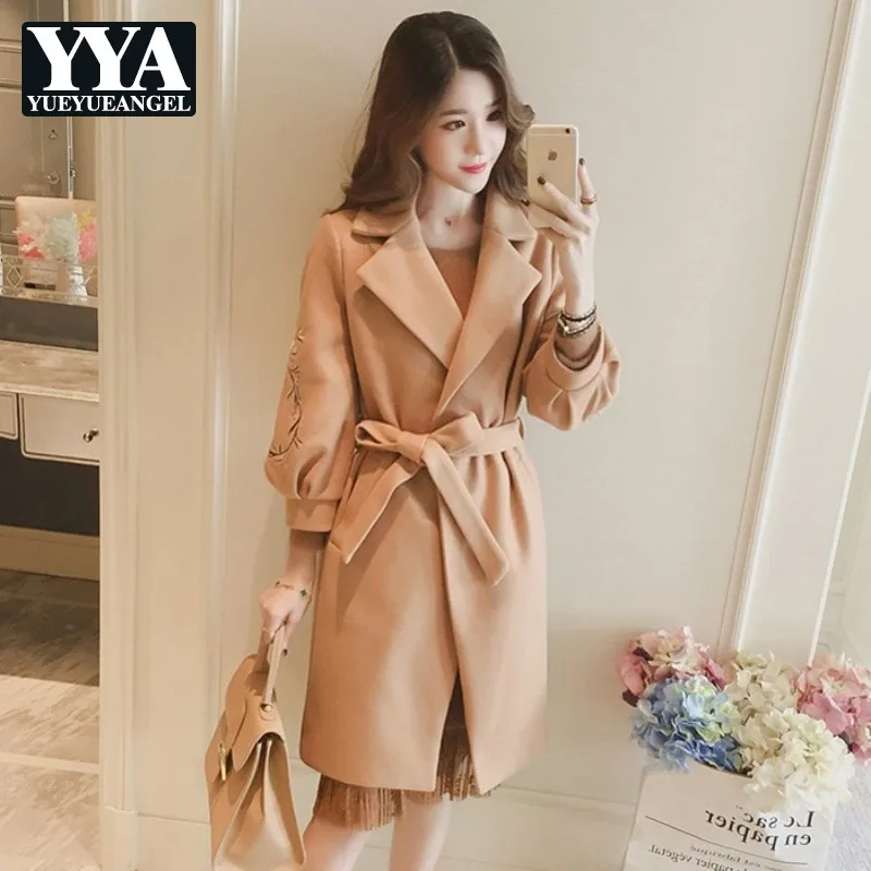 Модное корейское тонкое пальто с вышивкой для женщин 2019 осень зима фонарь рукав