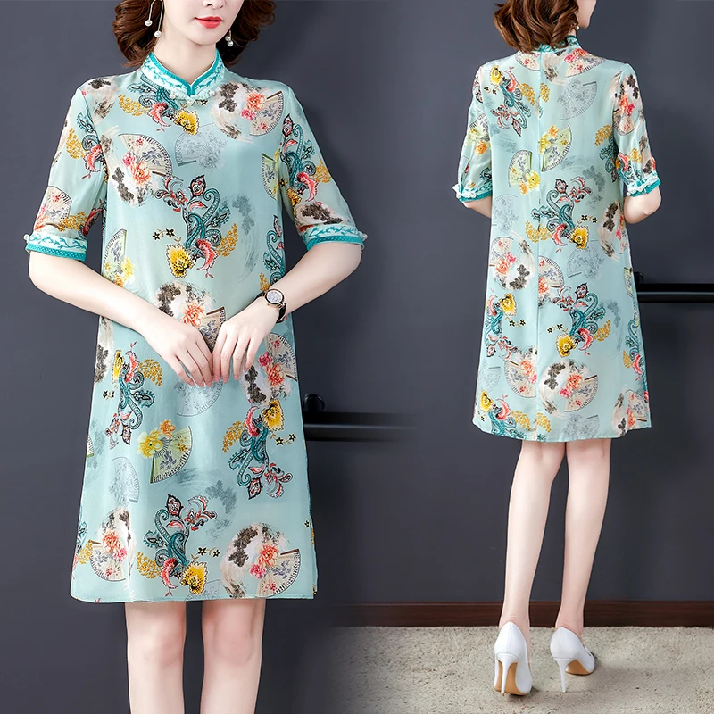 

Chinese style dress for women summer new Short-sleeved dress ladies improved cheongsam dress imitation silk elegance printing