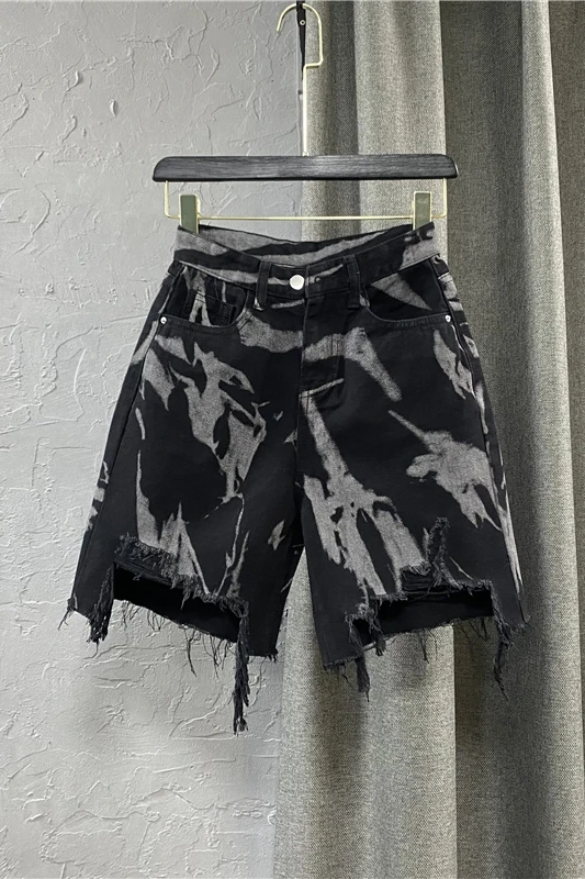

2021 Summer Denim Shorts Women's Ripped Tassel-Edge Straight-Leg Pants New Loose Wide-Leg Pants