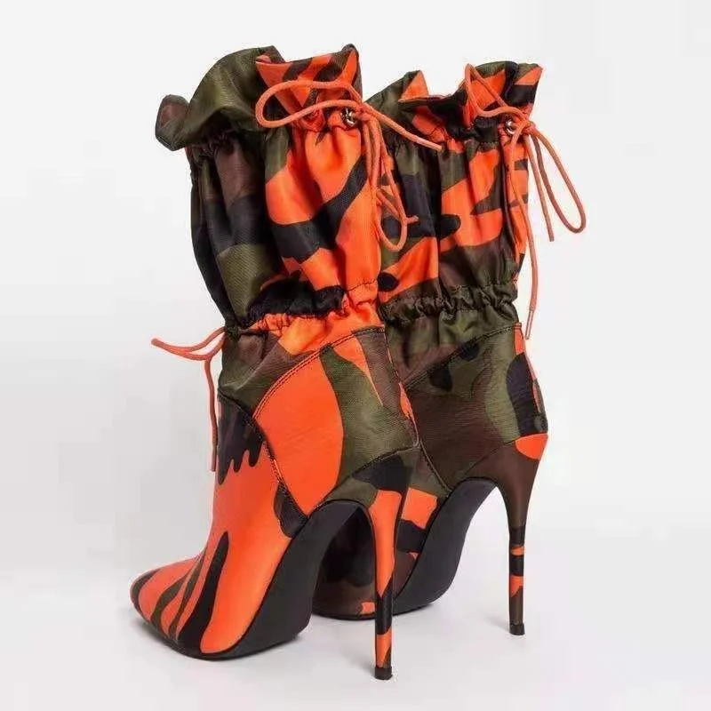 

2022 High Thin Heels Women Boots 11cm Stilettos Fashion Camouflage Ankle Boots Woman Lace Up Sexy Chic Night Club Shoes Big43